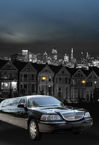 Limousine in front of city skyline at night.