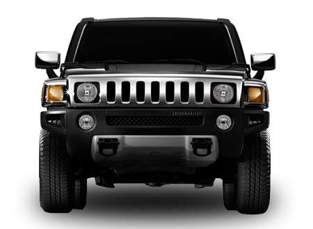 Black SUV vehicle front view on black background.